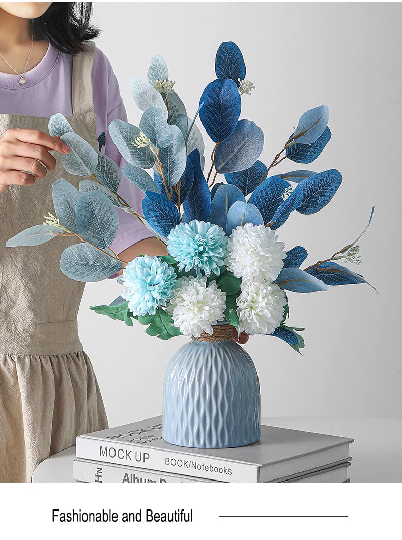 FURN ASPIRE Combo Set Of Ceramic Vase And Hand Made Artificial Flowers Bouquet (Vase2), Blue