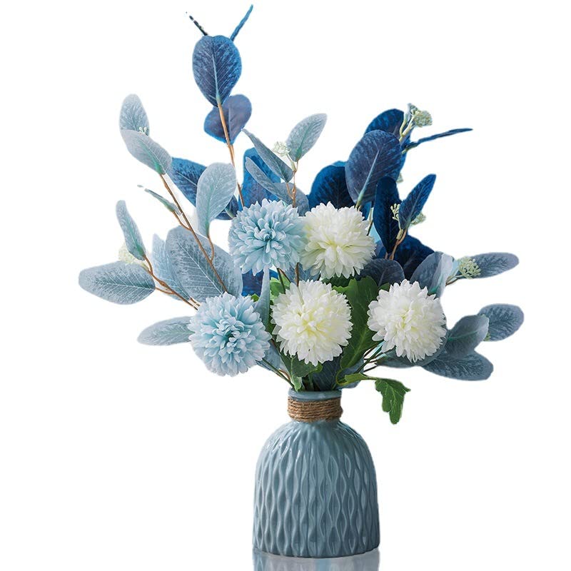 FURN ASPIRE Combo Set Of Ceramic Vase And Hand Made Artificial Flowers Bouquet (Vase2), Blue