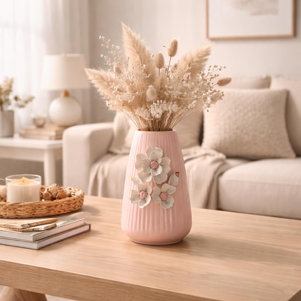 MARKET 99 Ceramic Flower Vase (Pink) | Engraved Ribbed Floral Pattern | Decorative Floral Vase for Fresh & Artificial Flowers | Elegant Home, Living Room & Office Table Décor