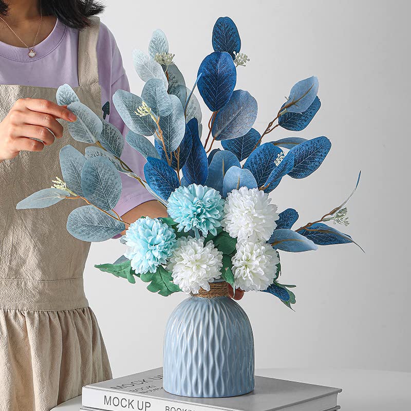 FURN ASPIRE Combo Set Of Ceramic Vase And Hand Made Artificial Flowers Bouquet (Vase2), Blue