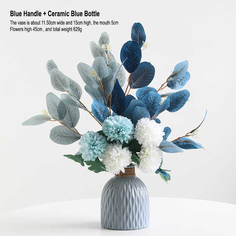 FURN ASPIRE Combo Set Of Ceramic Vase And Hand Made Artificial Flowers Bouquet (Vase2), Blue