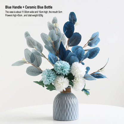 FURN ASPIRE Combo Set Of Ceramic Vase And Hand Made Artificial Flowers Bouquet (Vase2), Blue