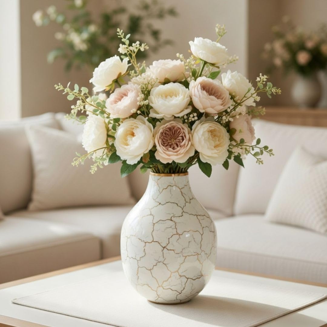 Behoma Metal Flower Vase for Home Decor Bedroom Living Room Office Wedding | Table Decorative Item for Festivals Birthday Off White Bud Shape Small (Flower Not Included)