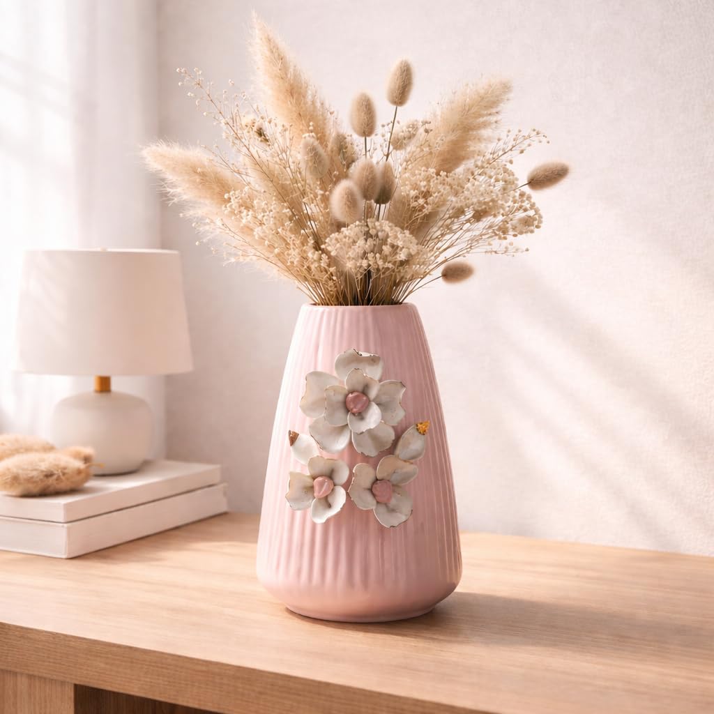 MARKET 99 Ceramic Flower Vase (Pink) | Engraved Ribbed Floral Pattern | Decorative Floral Vase for Fresh & Artificial Flowers | Elegant Home, Living Room & Office Table Décor