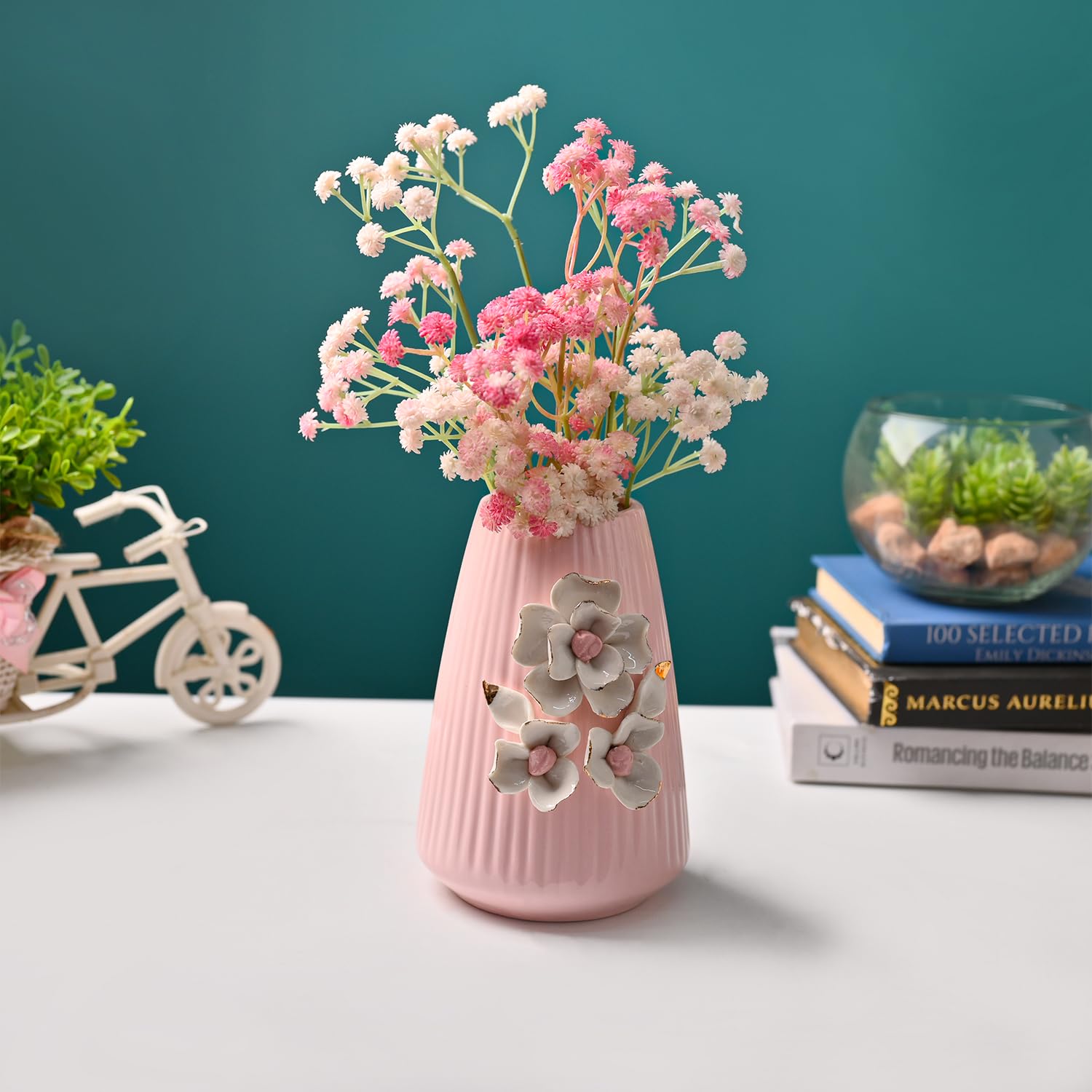 MARKET 99 Ceramic Flower Vase (Pink) | Engraved Ribbed Floral Pattern | Decorative Floral Vase for Fresh & Artificial Flowers | Elegant Home, Living Room & Office Table Décor
