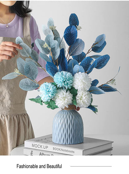 FURN ASPIRE Combo Set Of Ceramic Vase And Hand Made Artificial Flowers Bouquet (Vase2), Blue