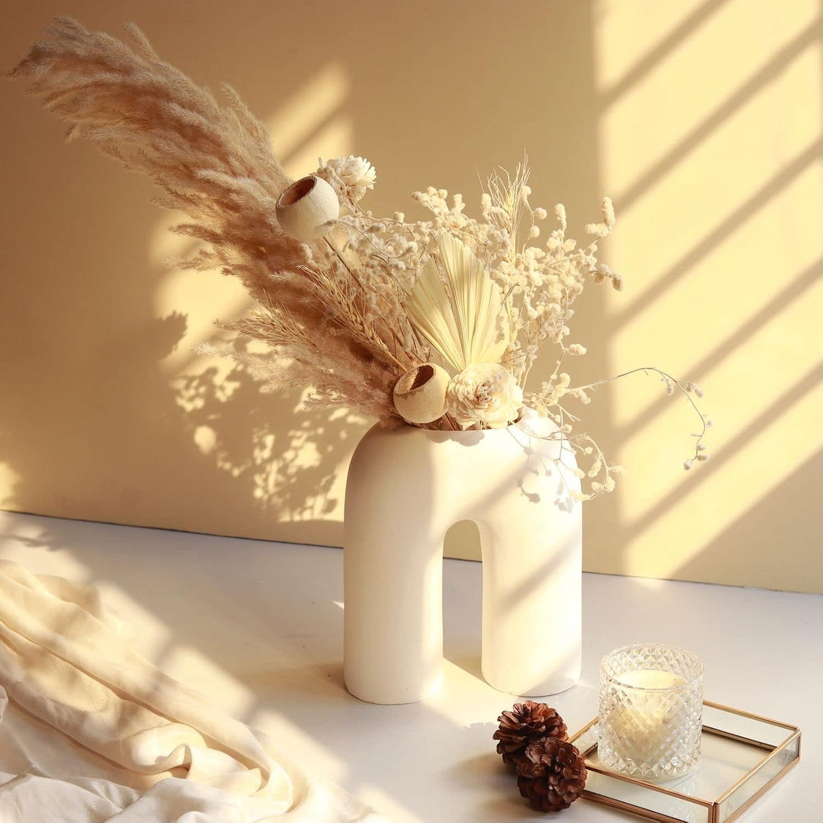 Craftribal Inverted U Shape Ceramic Minimalist Aesthetic Flower Vase | Pampas Grass Vase | Ceramic Vase | Home Decor Centrepiece | vase for Home Decor | Matte Finish, 10 inches (White)