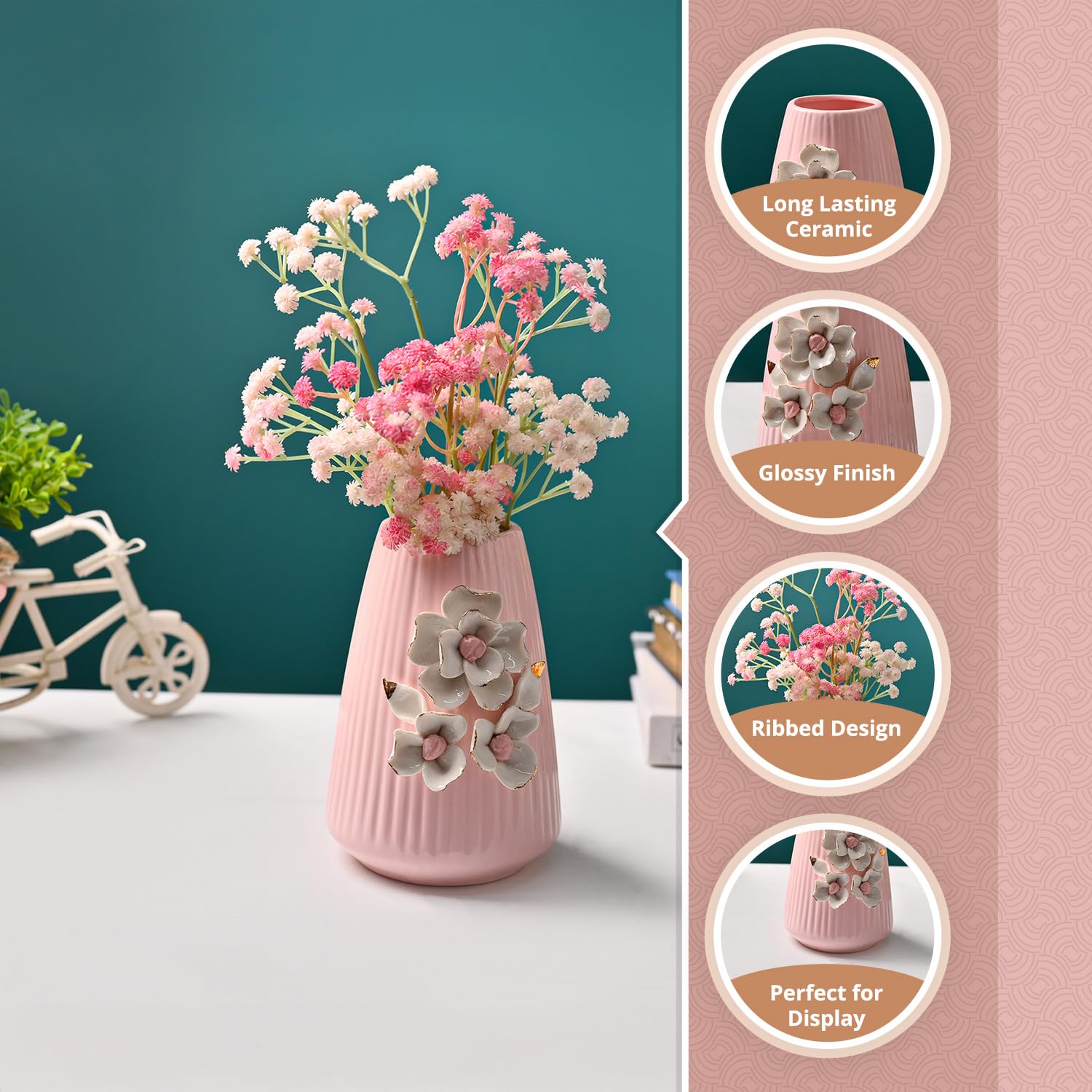 MARKET 99 Ceramic Flower Vase (Pink) | Engraved Ribbed Floral Pattern | Decorative Floral Vase for Fresh & Artificial Flowers | Elegant Home, Living Room & Office Table Décor